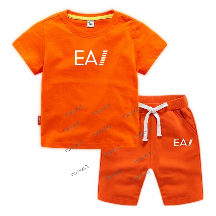 Vêtements pour enfants 100% coton Orange T-shirt garçons filles à manches courtes top shorts décontracté mode lettre imprimer ensemble de sport v