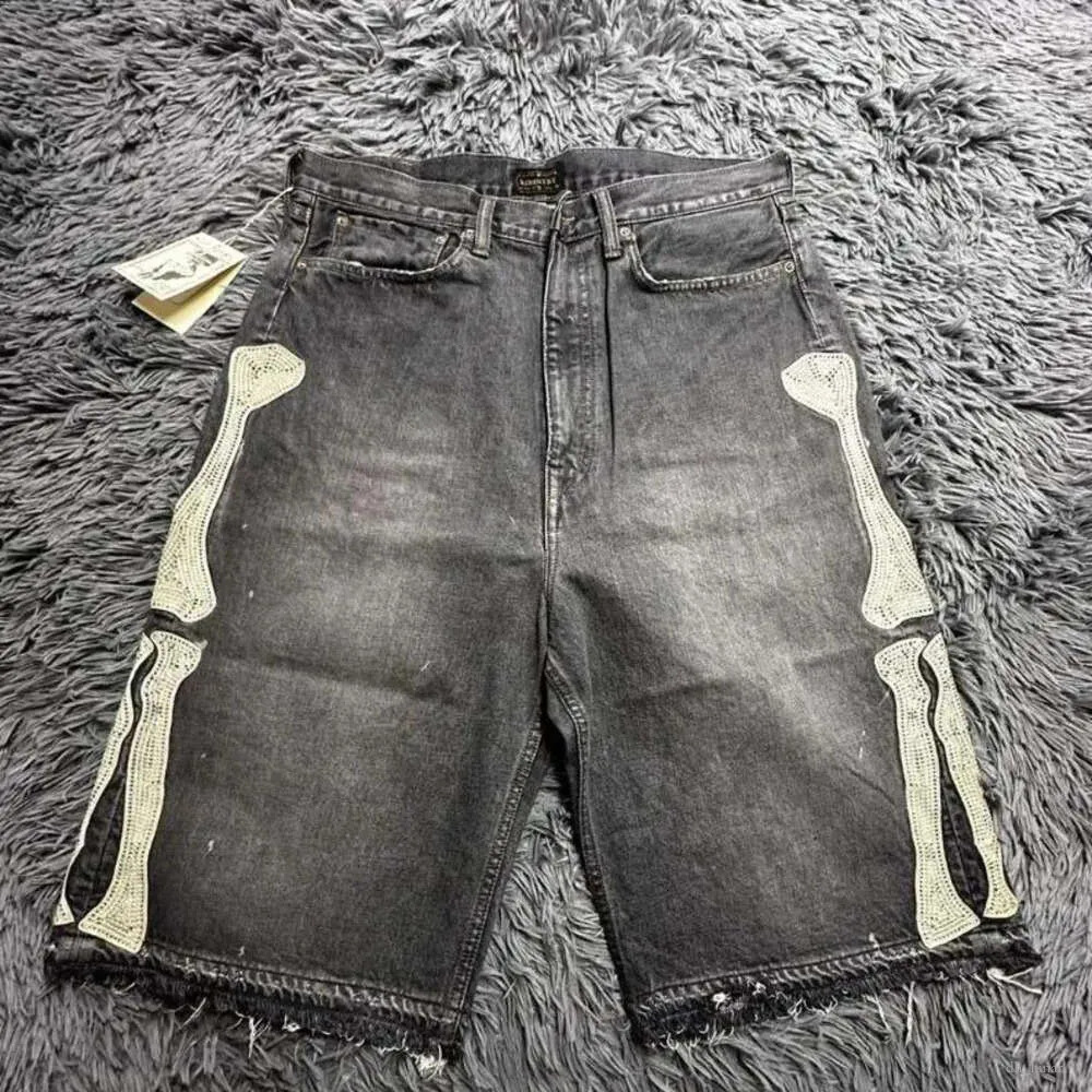 Men Vintage Washed Denim Jorts Rhinestone Skeleton Bone Patch Raw Frayed Hem Hip Hop Streetwear Baggy Loose Fit Summer Casual Daily Mens Jeans Short