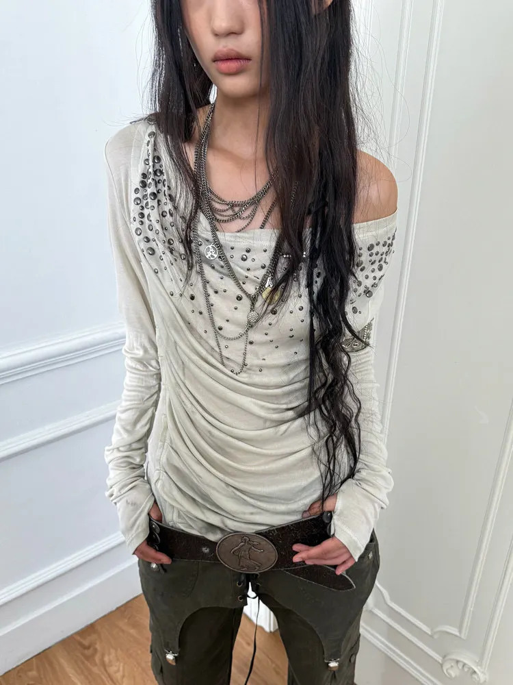 mode américaine rétro y2k Harajuku punk début d'automne col pivotant épaule oblique imprimé diamant sens haut emo 260716