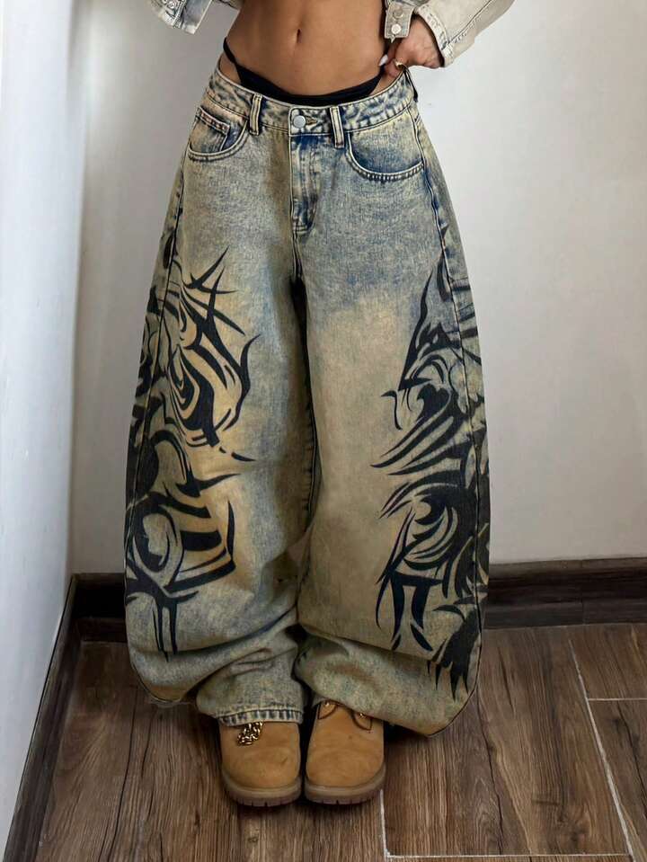 Women's Jeans Y2K Baggy Men Streetwear Tribal Graphic Wide Leg Denim Pants Celebrity style washed water distressed whirlpool totem printed stra