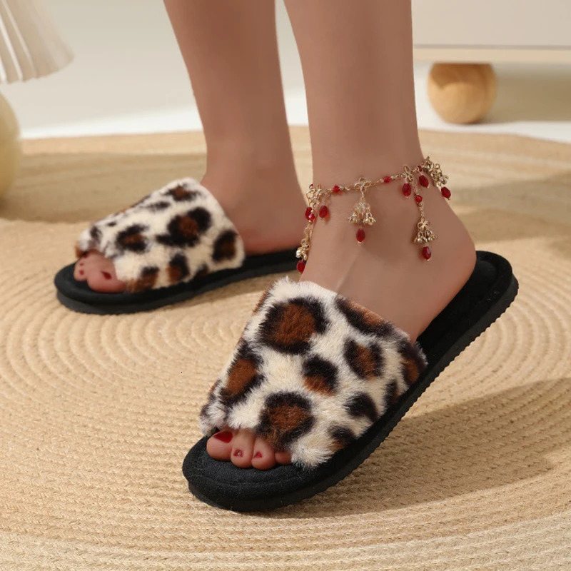 Warm Fluffy Furry Slippers Women Lightweight Flat Heels Fur Slides Woman Autumn Winter Open Toe Non Slip Home Floor Shoes 260716BJ