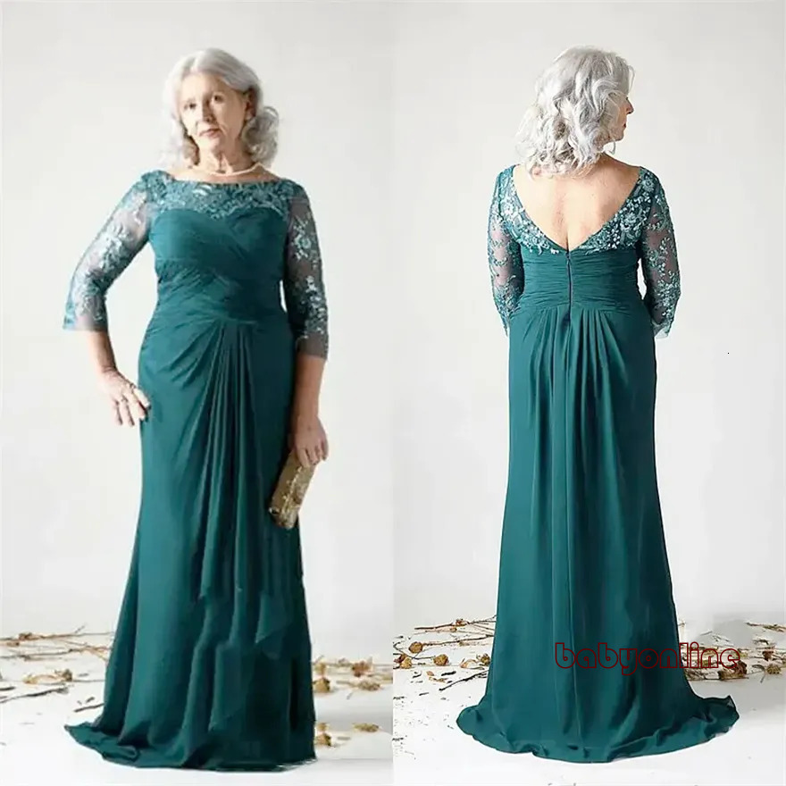 Elegant Dark Green Long Mother Of The Bride Dresses Lace Appliques Ruched Chiffon A Line Plus Size Wedding Guest Dress Open Back Groom Mom Formal We