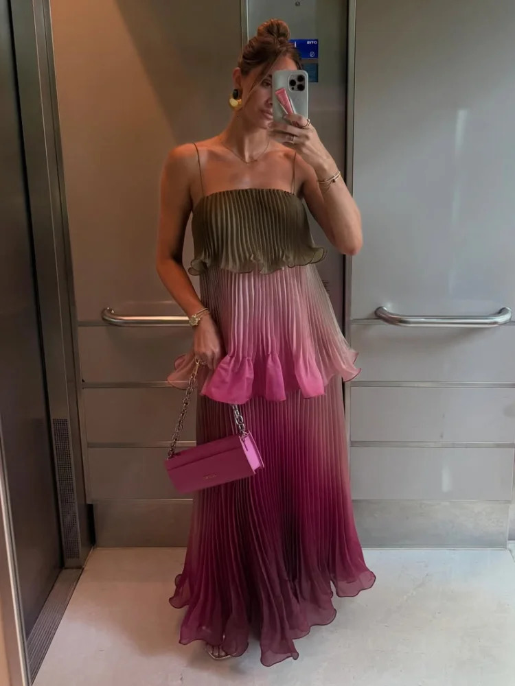 Urban Sexy Dress Chic Multicolored Pleated Women Maxi Dress Elegant bodycon Spaghetti Strap Ruffle Tiered Flowy Vestidos Summer Lady Vacation Outfit