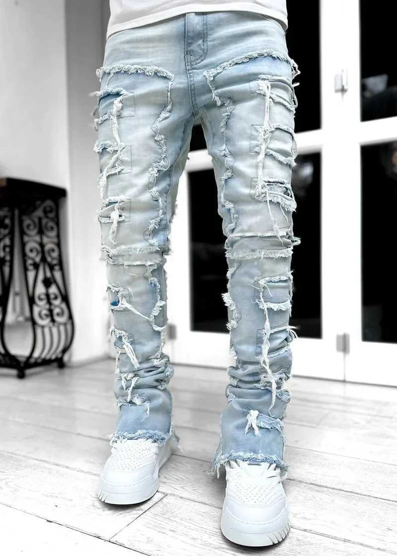 Streetwear Mens Regular Fit Fashion Stacked Jeans Ripped Slim Fit Patch Distressed Destroyed Straight Denim Pants 2024 S-3XL J2607016