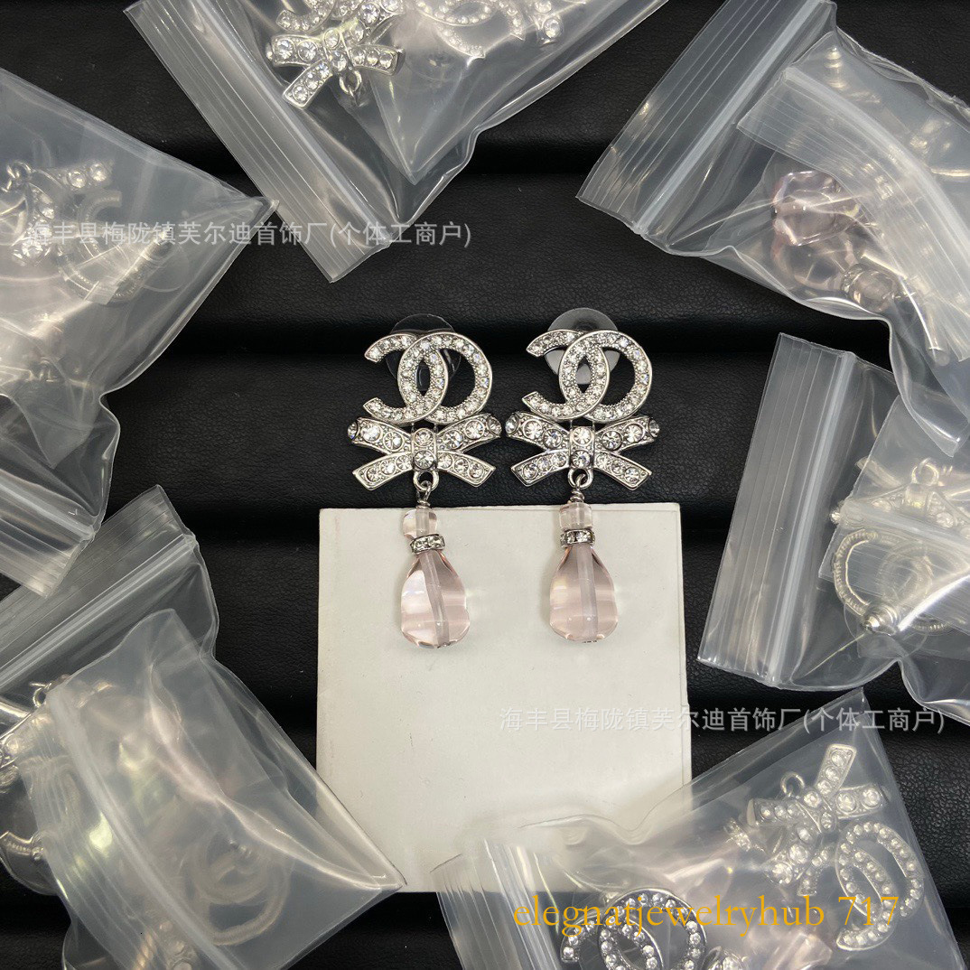 Designer Jewelry cc earrings Double C Bow For Women Small Perfume Drop Full Dia Earrings Pearl Tassel Pink Crystal Earrings channel earrings