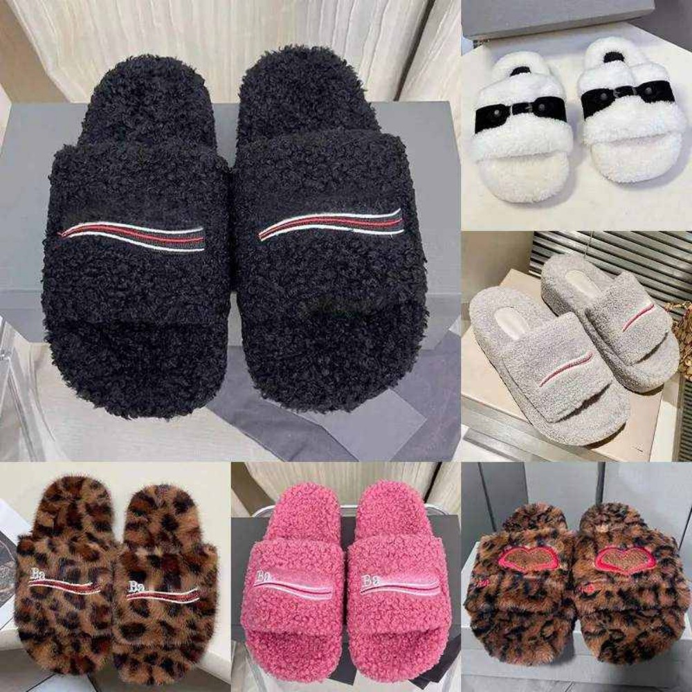 Luxury Triangle Slides Designer Sandals Men Women Slippers Ladies Wool Winter Fur Fluffy FurrWWLLL