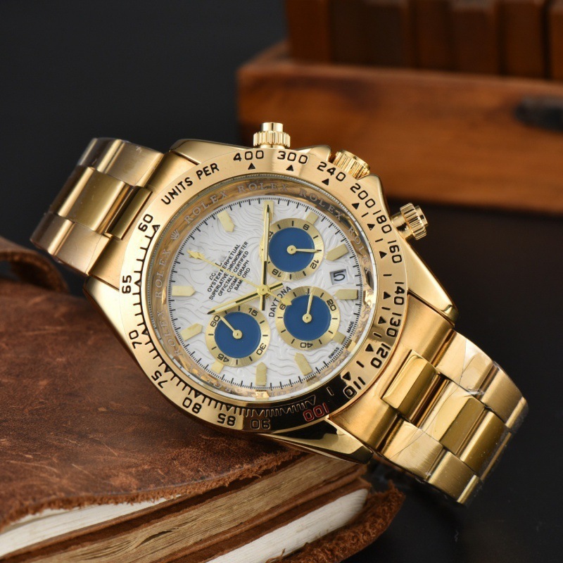 Rolaxwatch Mens Gold Chronograph Watch White Wave Dial Blue Sub Dials Gold Tachymeter Bezel Date Window Gold Steel Bracelet Luxury Dress Sport Wrist