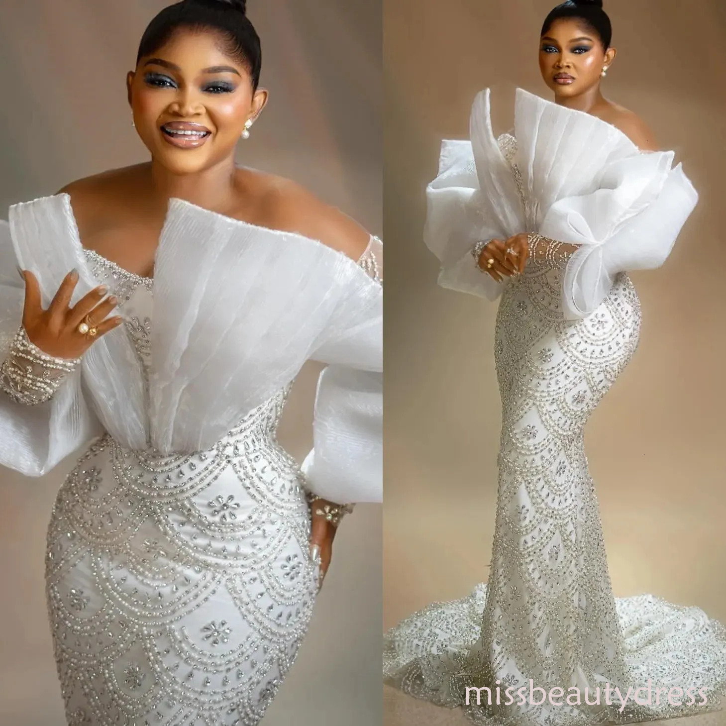 2026 Aso Ebi Ivory Mermaid Prom Dresses Beaded Crystals Full Sleeves Evening Formal Party Second Birthday Engagement Reception Gowns Dress For Speci