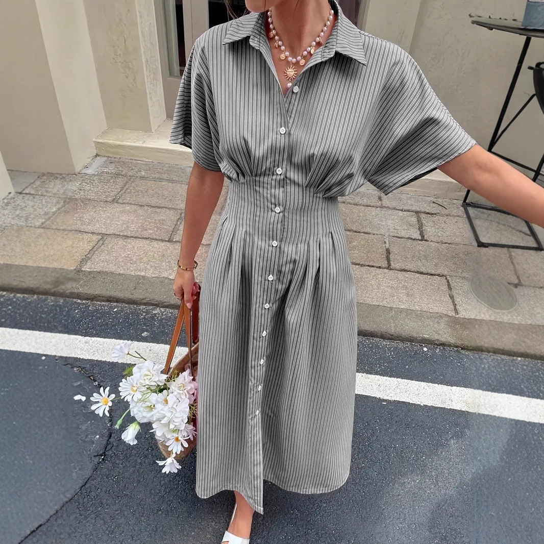 Modigirl femme été robes mi-longues élégantes taille haute revers cou manches courtes boutonné fluide une ligne chemise robe pour les femmes 2508