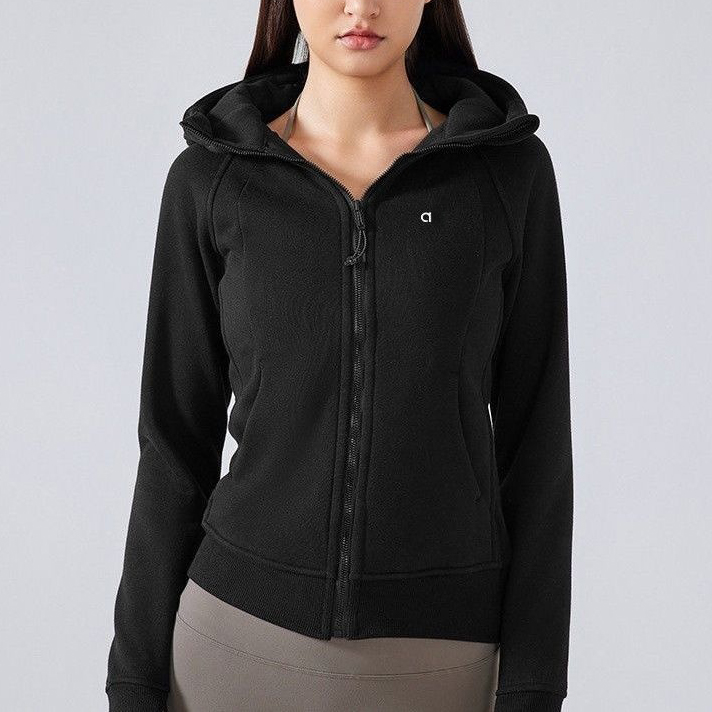 Women's Spring and Autumn Loose Stand Collar Zip-Up Hooded Short Lamb Wool Jacket Sports Coat Zip Sweatshirt Running Fitness Yoga Top