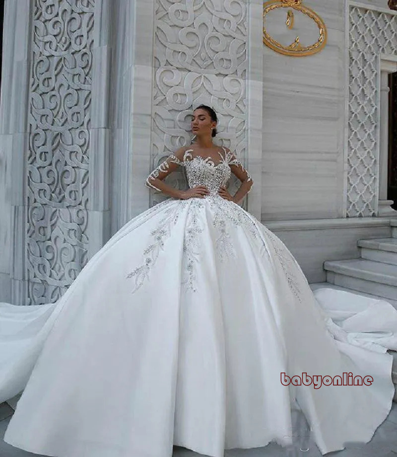 Plus Size Arabic Aso Ebi Luxurious Lace Beaded Wedding Dress Sheer Neck Long Sleeves Satin Sexy Bridal Gowns Dresses Zj630