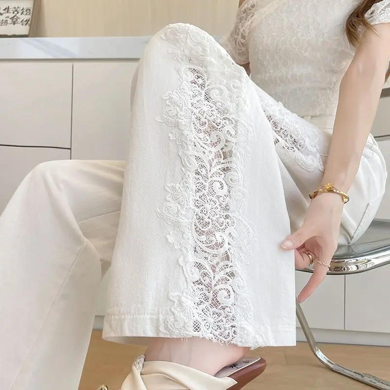 High Waist Summer Lace Patchwork Hollow Out Jeans Fashion Elegant Solid Wide Leg Women All Match Casual Loose Denim Pants 260713BANJIA