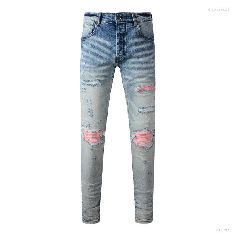 Men's Jeans High Street Fashion Men Retro Light Blue Pink Patched Stretch Skinny Fit Ripped Brand Hip Hop Y2K Denim Pants