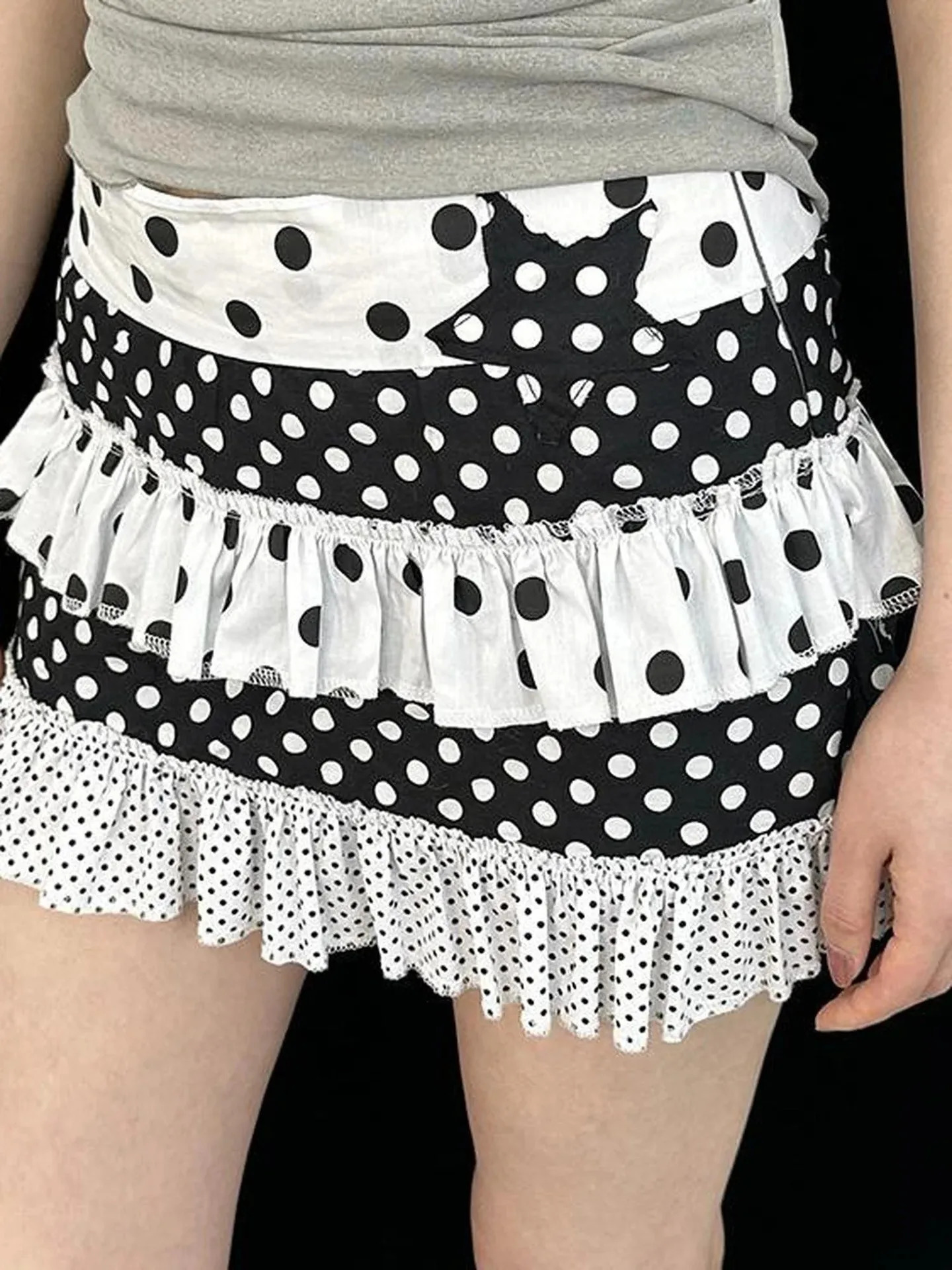 Womens Y2K Polka Dot Tiered Mini Skirt Black and White Ruffle Layered Cake 260717BJ