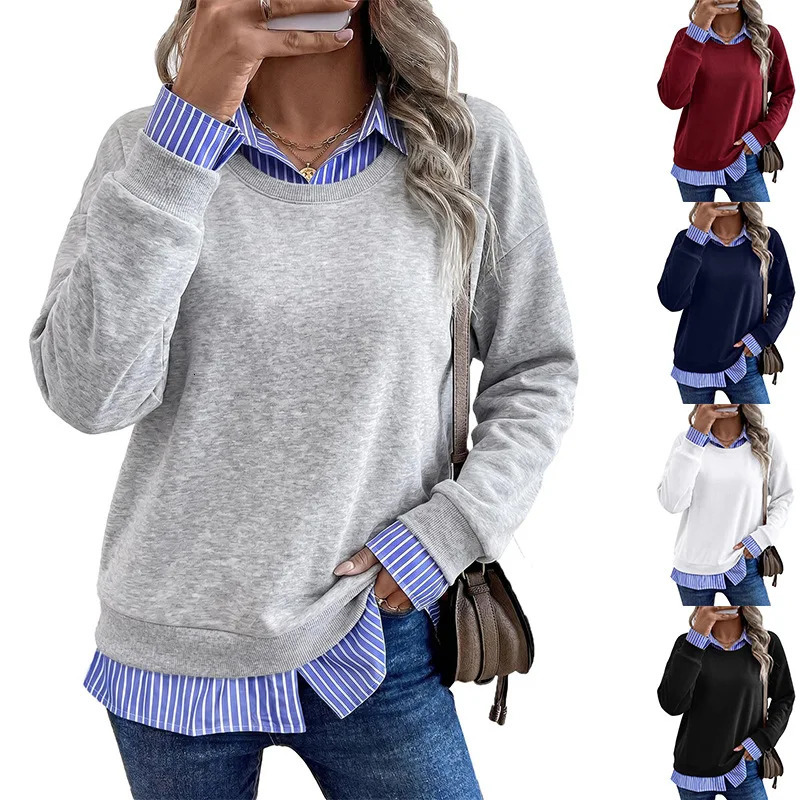Womens Casual Two Piece Sweatshirt Contrast Collar Striped Patchwork Long Sleeve Crewneck Pullover Top Autumn Winter 260717BJ