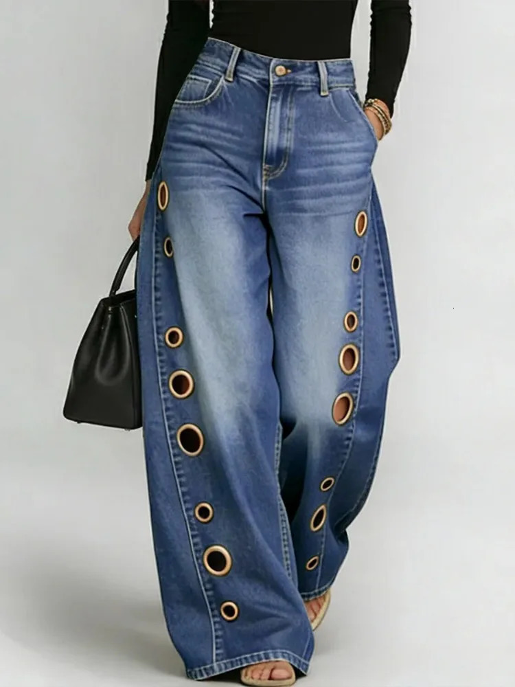 Missuoo Womens Washed Blue HighWaist Metal Grommet Wide Leg Jeans 2026 Casual Loose Fit Streetwear Pants Trousers 260717BJ