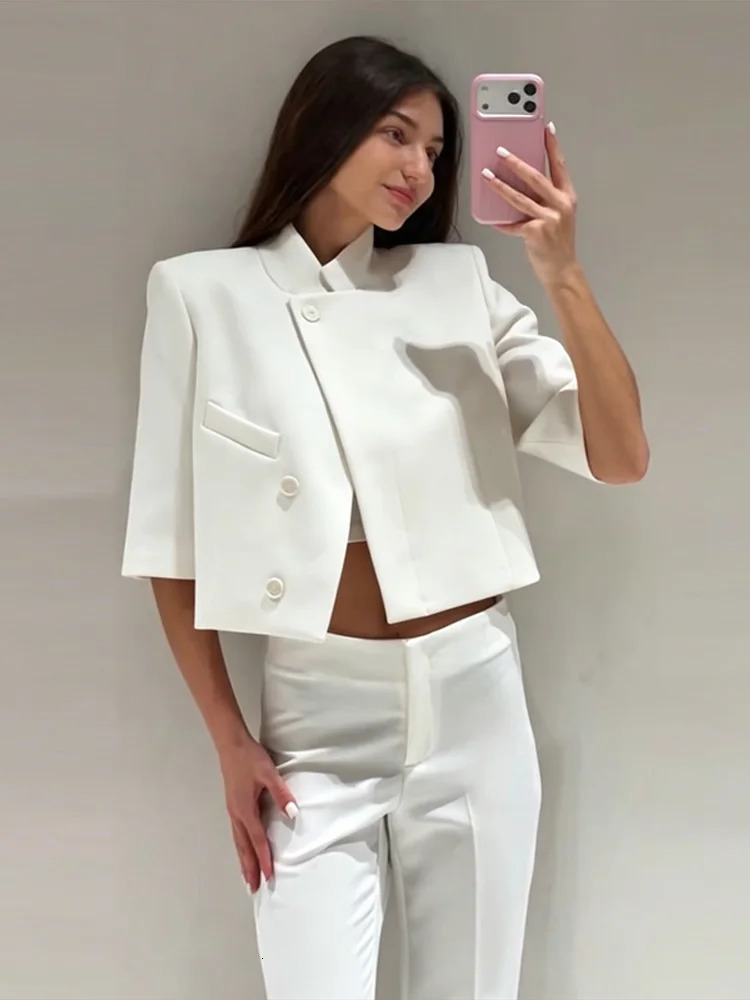 Women Chic Cropped Blazer Jacket Stand Collar 3/4 Sleeve Single Breasted Shoulder Pad Top 2026 Spring Summer Fashion Street Coat 260717