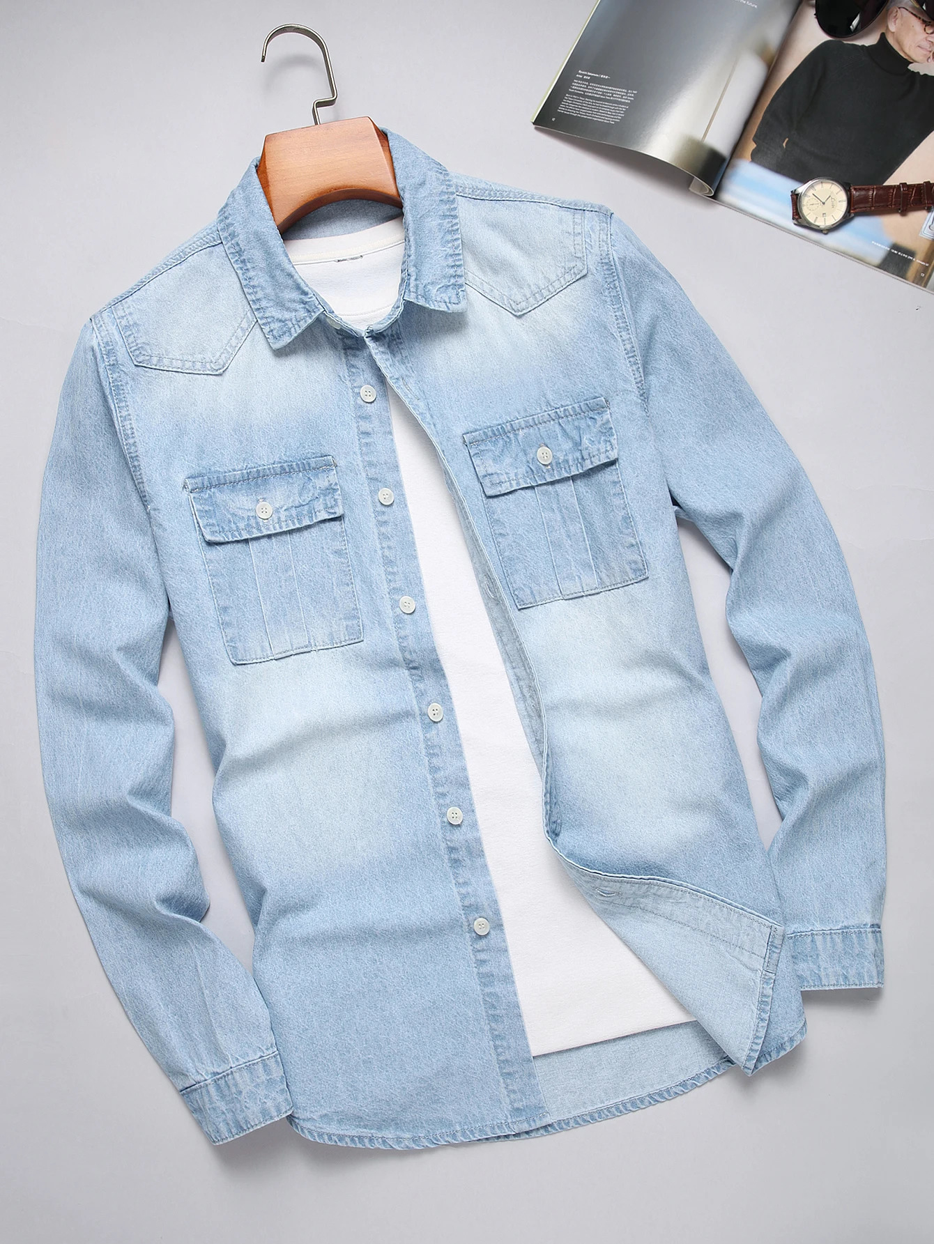 Pure cotton washed blue denim shirt for men loose fit trendy cardigan style fashionable and casual top 260713BANJIA