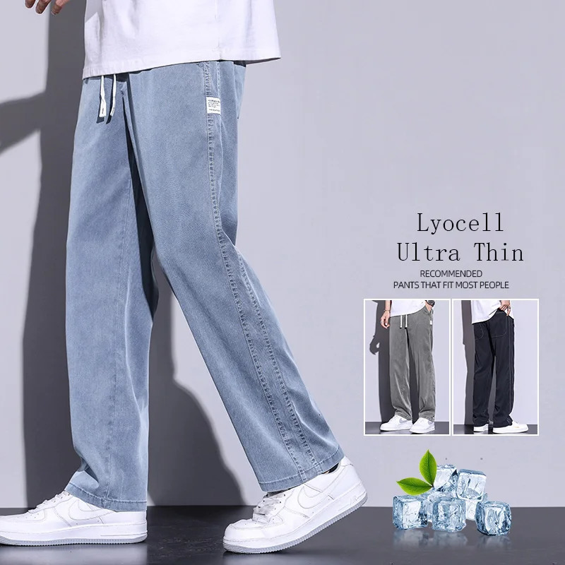 Mens Summer Ultra Thin Baggy Lyocell Soft Breathable Straight Trousers Elastic Waist Casual Plus Size M5XL 260717banjia