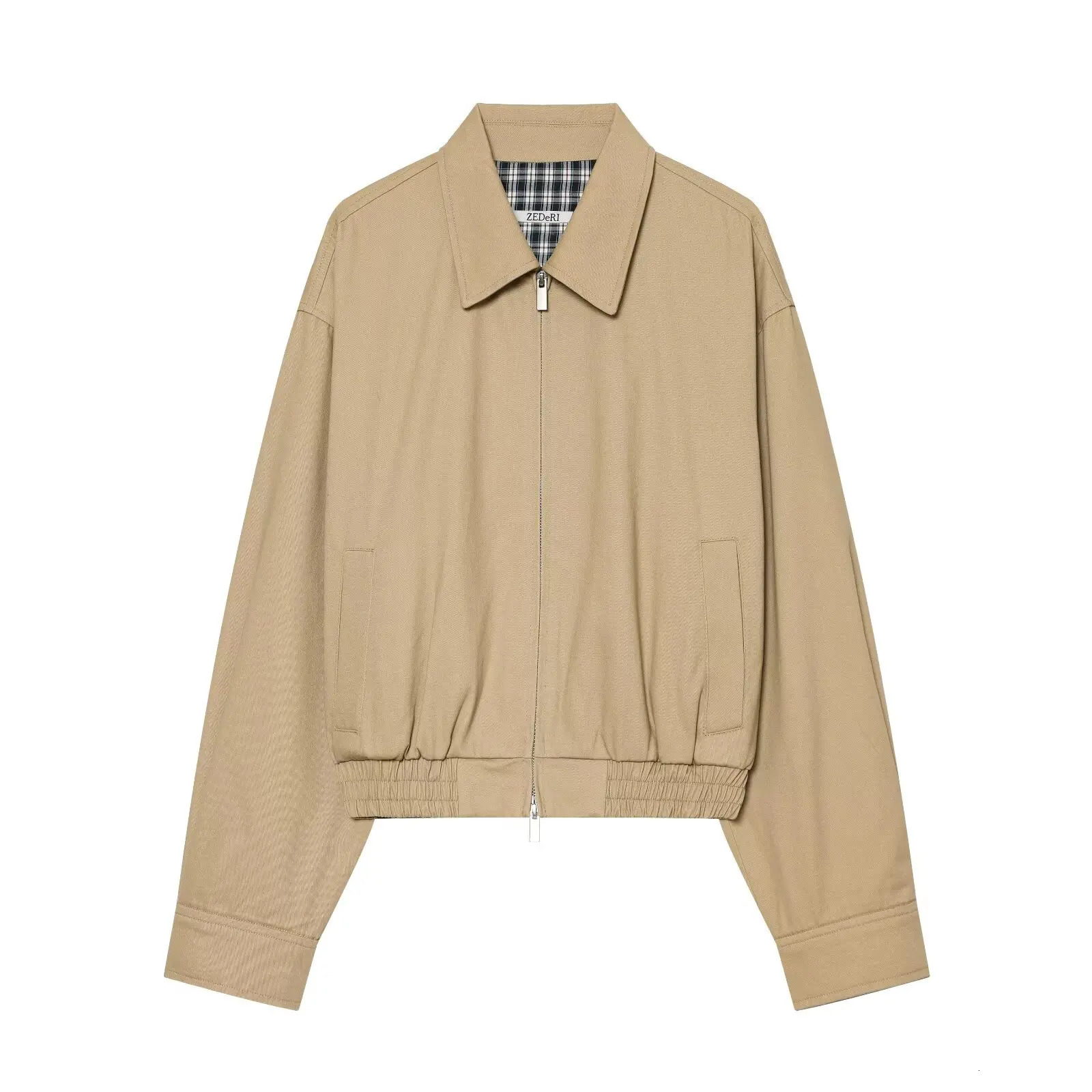 Womens Bombers Jackets 2026 zanban Khaki Coat With Zipper Solid Long Sleeve Tops Cropped Outwear Chic Elegant Fashion 260717BJ