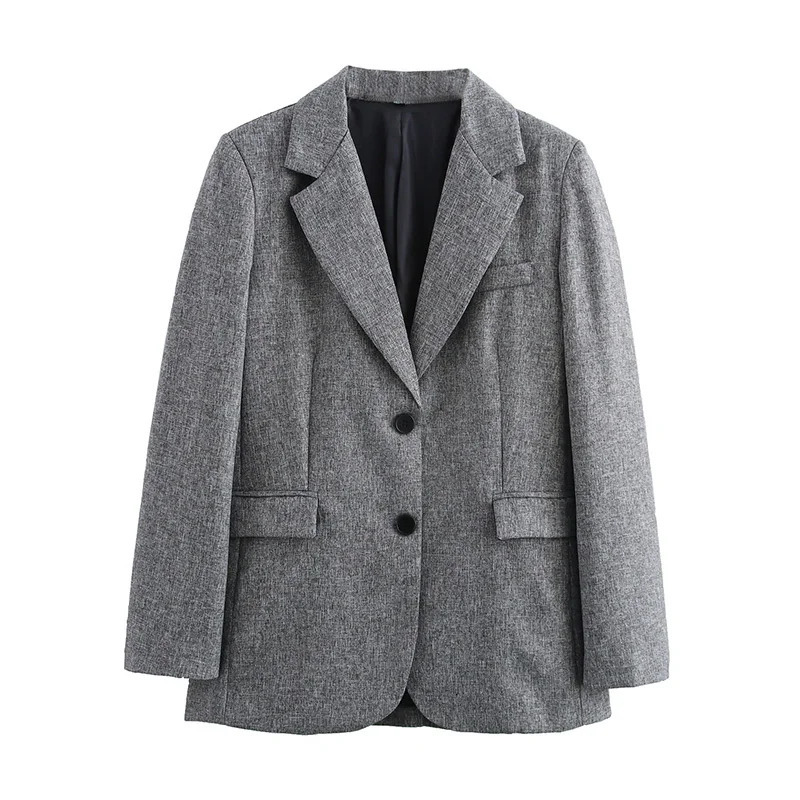 Willshela Women Fashion With Pockets Grey Single Breasted Blazer Vintage Notched Neck Long Sleeves Female Chic Lady Outfits 260716BANJIA