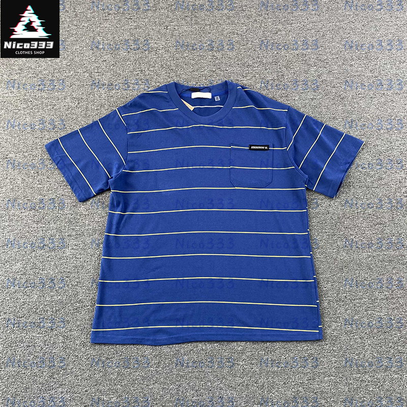 MM t-shirt bleu rayé poches lettres logo coton col rond ample polyvalent hommes et femmes décontracté à manches courtes T-shirt