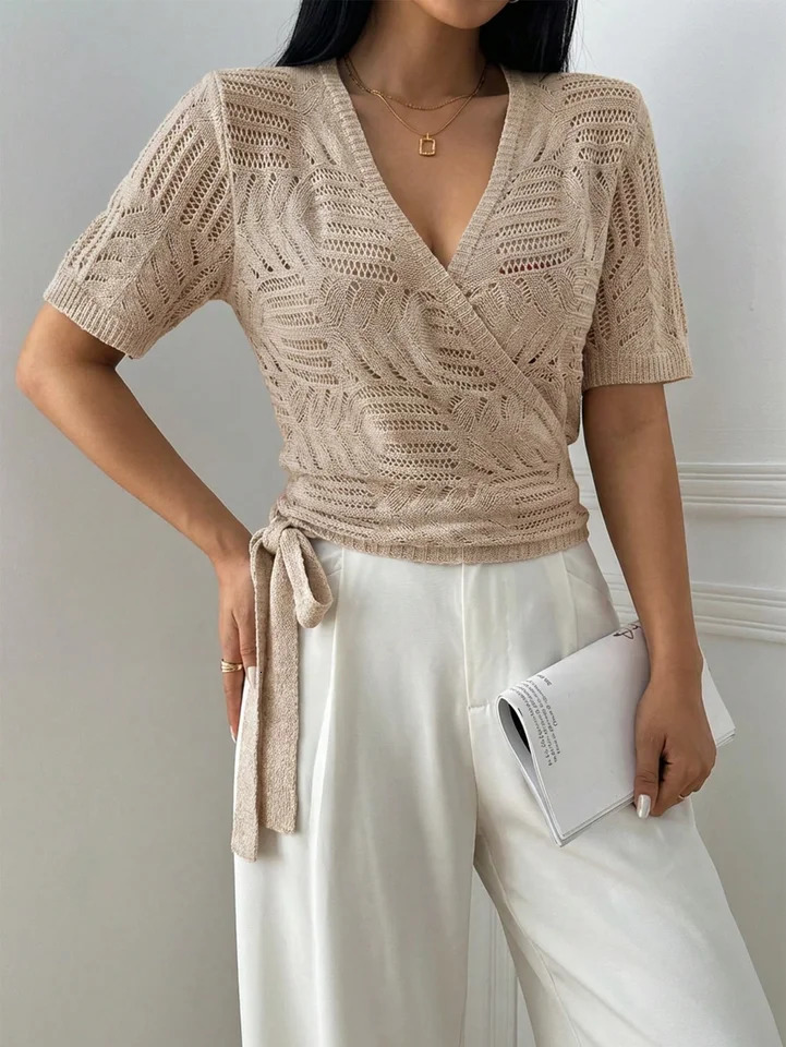2026 Womens Solid Color Minimalist VNeck Short Sleeve Sweater Spring Summer Autumn Style Pure Knitwear 260717BJ
