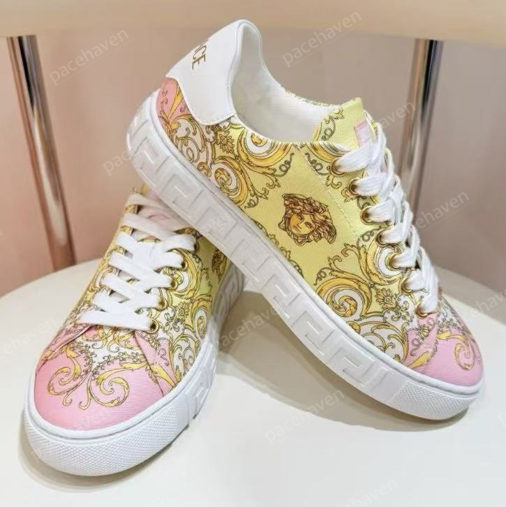 Barocco Greca Sneakers Designer Men Women Casual Shoes Cotton Round Headband Tie Low Top Canvas Leather Letter Stamp Flower Pattern Fashion With Box
