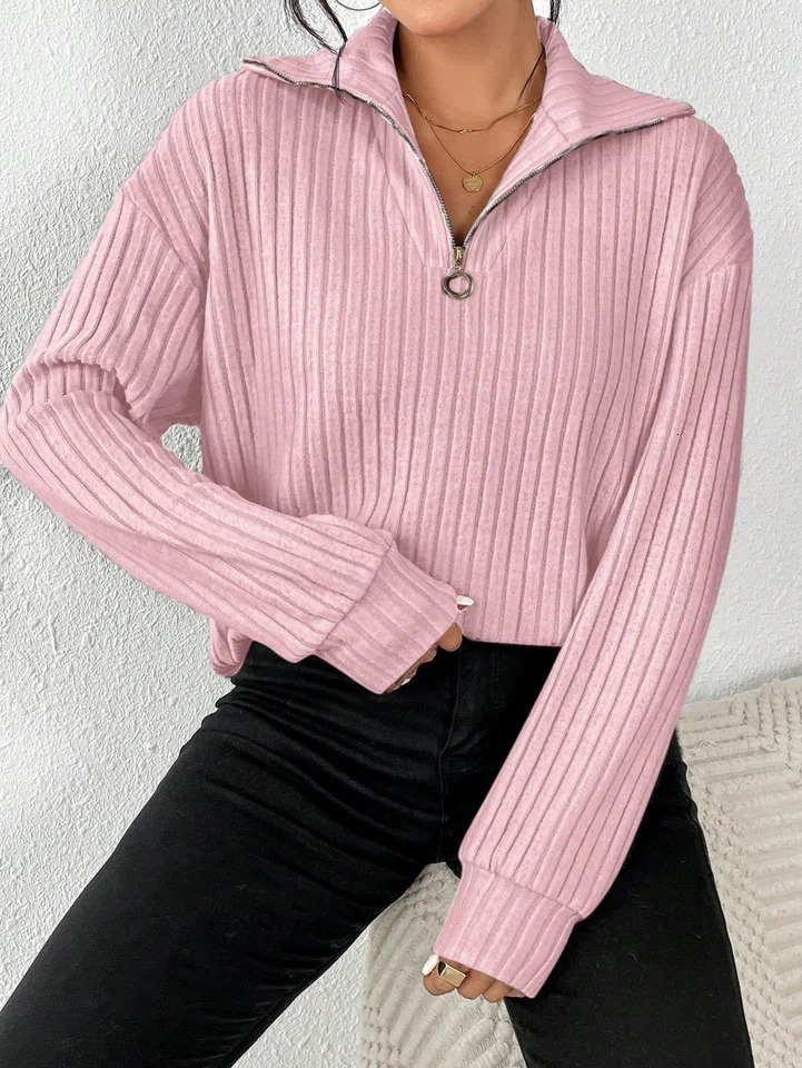 2026 FallWinter Collection Pink SemiOpen Zipper High Neck Pullover Sweater with Ribbed Pattern Loose Fit Knit Top 260717BJ