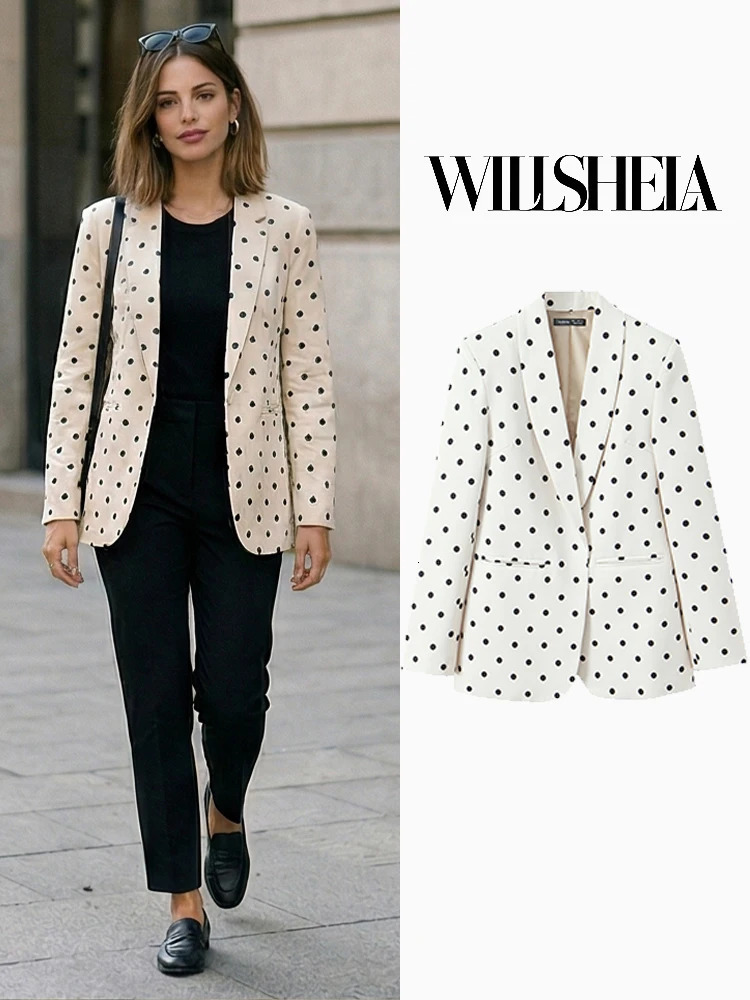 Willshela Women Fashion With Pockets Dot Printed Open Stitch Blazer Vintage Long Sleeves Notched Neck Female Office Lady Outfits 260716BANJIA