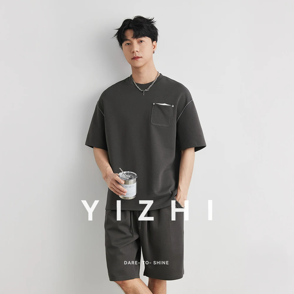 Mens Contrast Stitch Pocket Casual TShirt Shorts Set Summer Solid Color Loose Comfortable Short Sleeve 2Piece Tracksuit 260717banjia