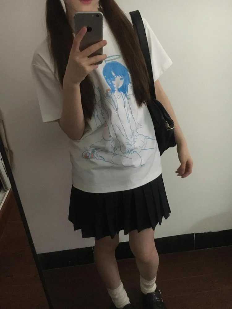 Kimotimo Japanese Y2k Cute Print White Short Sleeve Tops Women Summer New O-neck Loose Casual T-shirts Sweet Anime Grunge Tees J260717