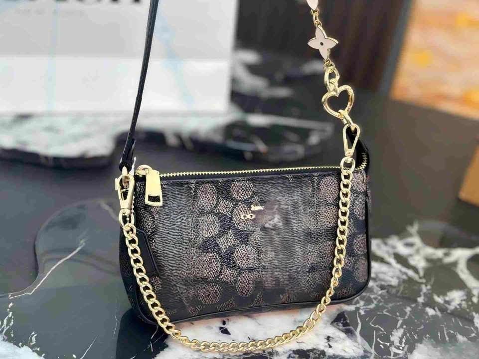 10A New Designer bag Women 1:1 nOlita Mini Shoulder Bag Leather Monogram Print Zipper Closure Heart Charm Chain Strap Underarm Purse Ins Trendy S