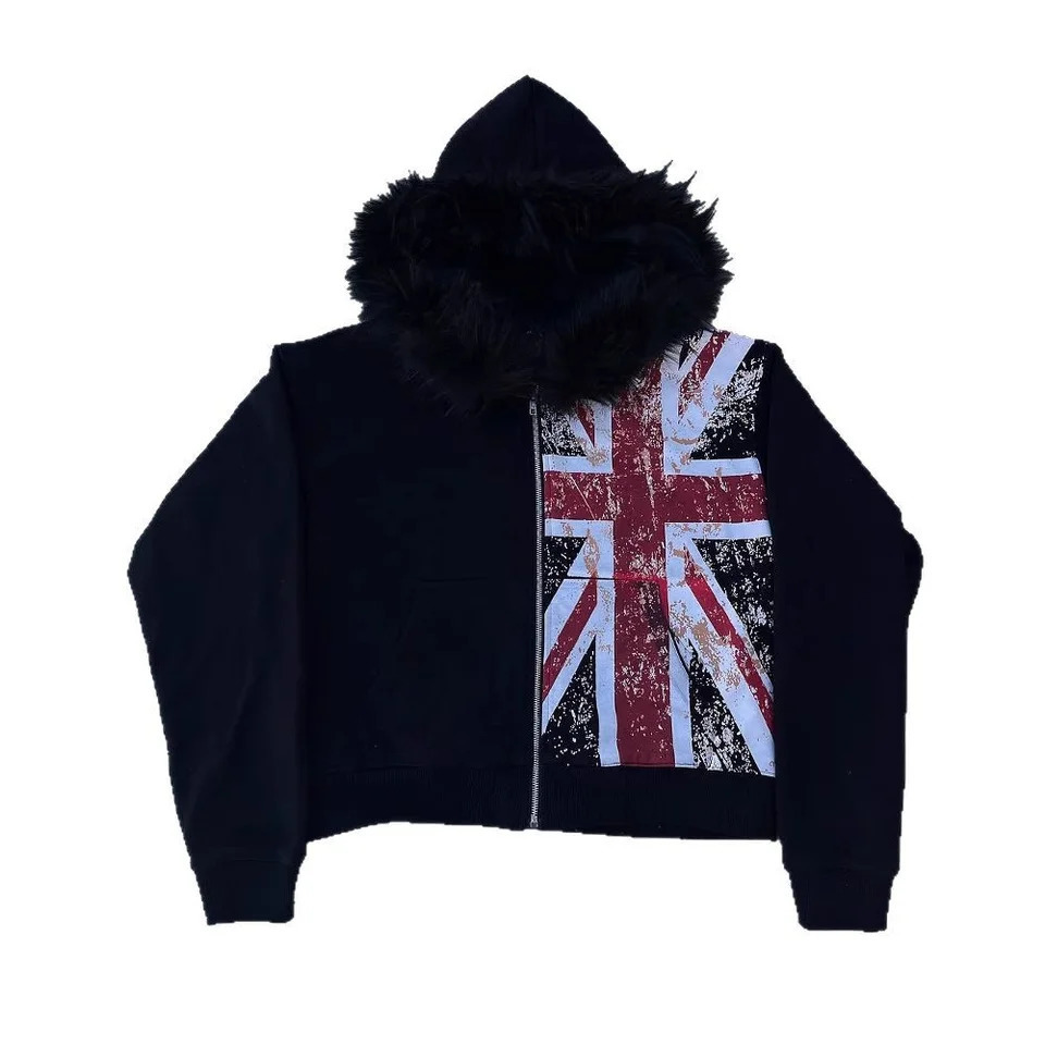 Y2K Gothic Zipper Hoodie with Faux Fur Collar UK Flag Print Short Street Jacket Loose Fit for Men And Women 260717