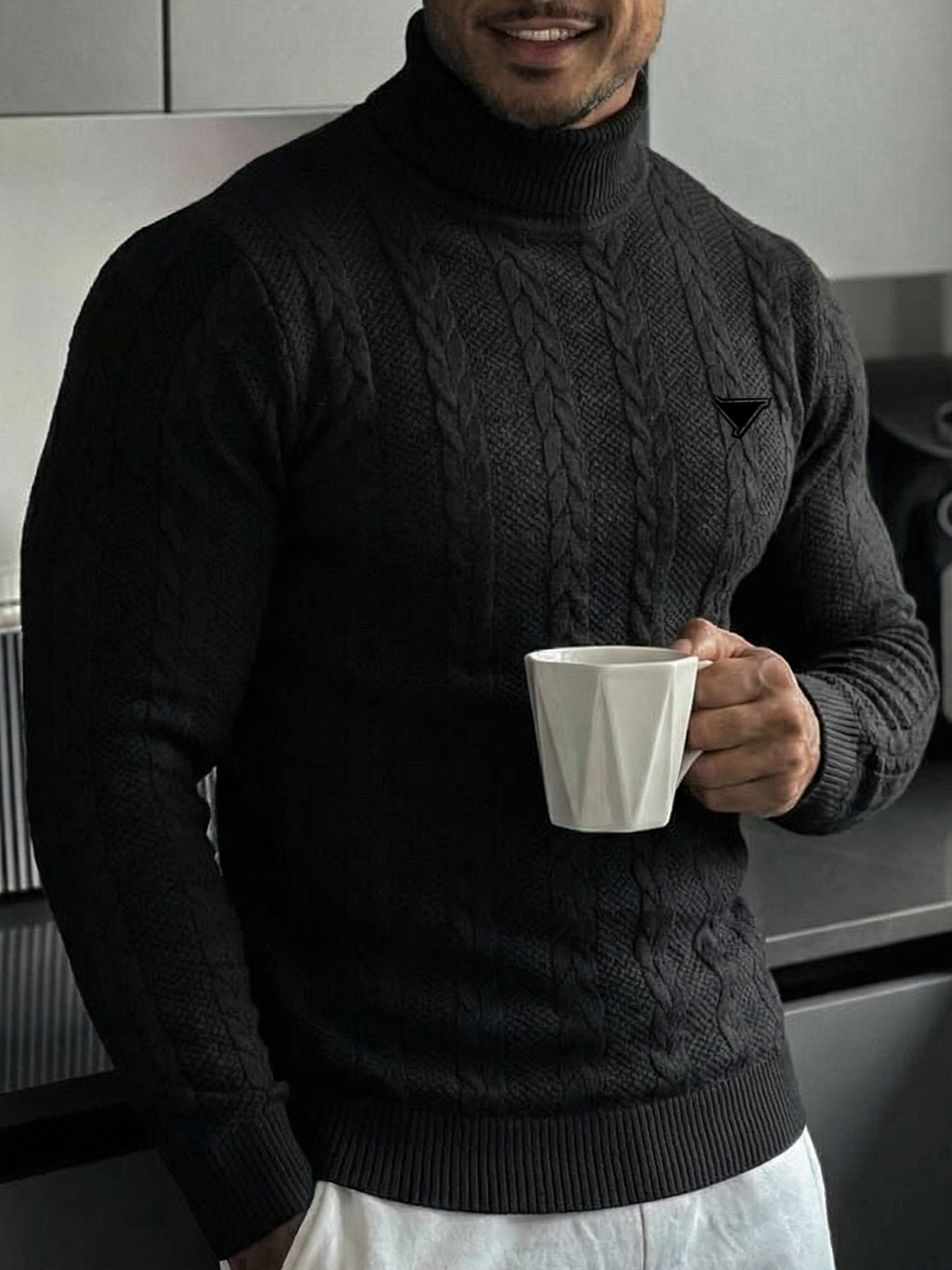 Sweater, Designer Sweater, Sweaters Men Turtleneck Cable Knit Triangle Embroidery Thick Warm Pullover Sweater