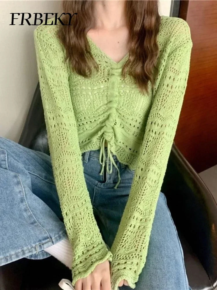 Summer Autumn Hollow Vneck Longsleeved Knit Sweater Thin Section Loose Short Pullover Knitwear Tops Korean Fashion 260717BJ