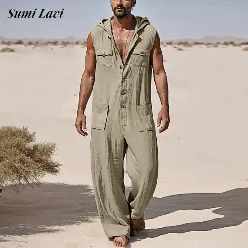 Retro Buttonup Hooded Romper Mens Casual Loose Straight Pant Overalls Men Jumpsuits Spring Summer Vintage Solid Color 260717banjia