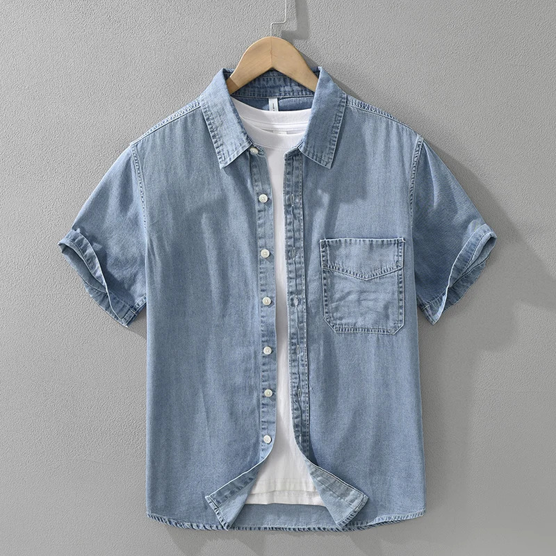 Fashion Short Sleeve Denim Shirt for Men Casual Loose Plus Size Shirts 2025 Summer Mens Clothing 260713BANJIA