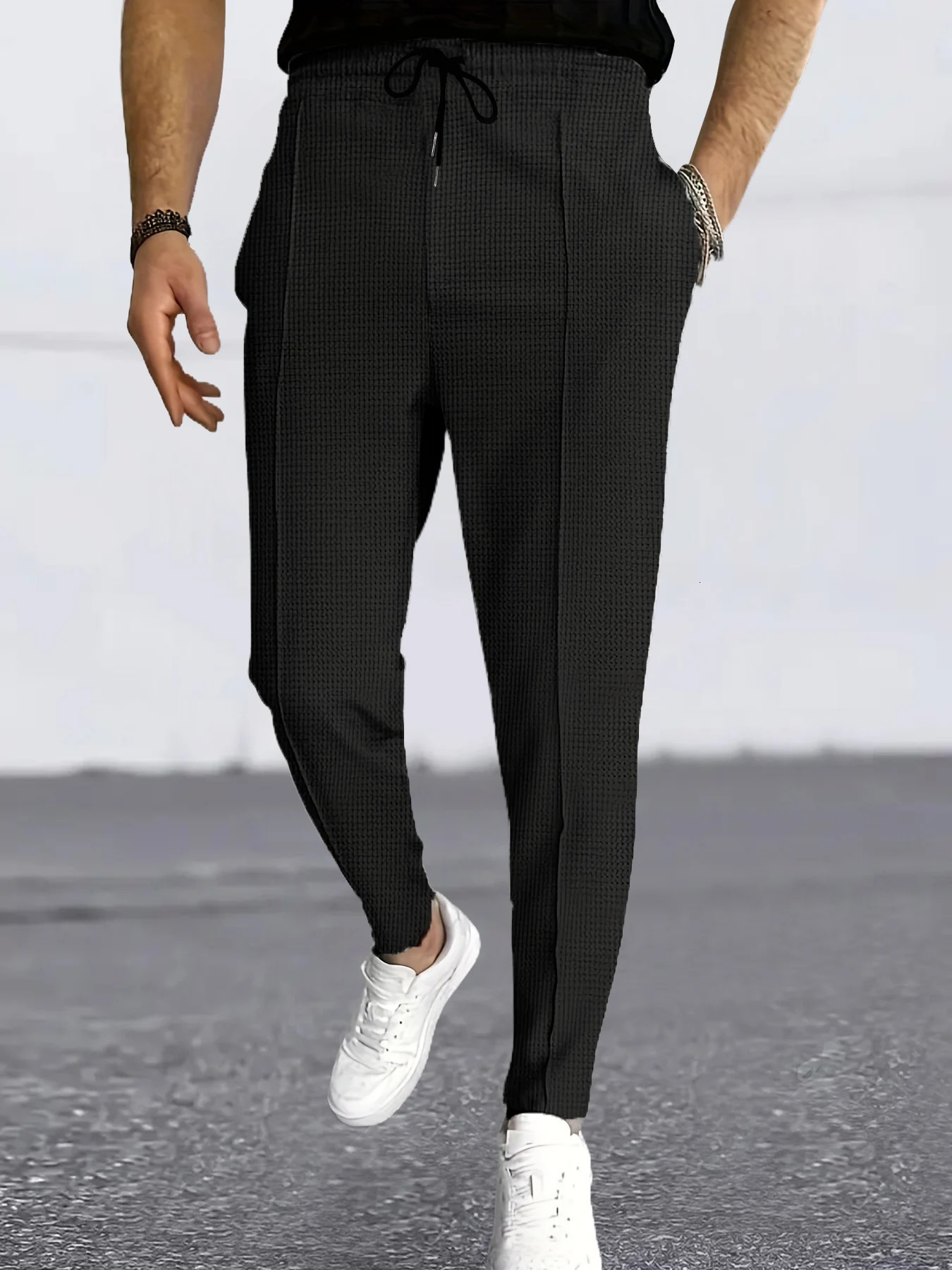 Mens Black Waffle Texture Drawstring Straight Leg Casual Pants Summer Loose Draped Trousers 260717banjia