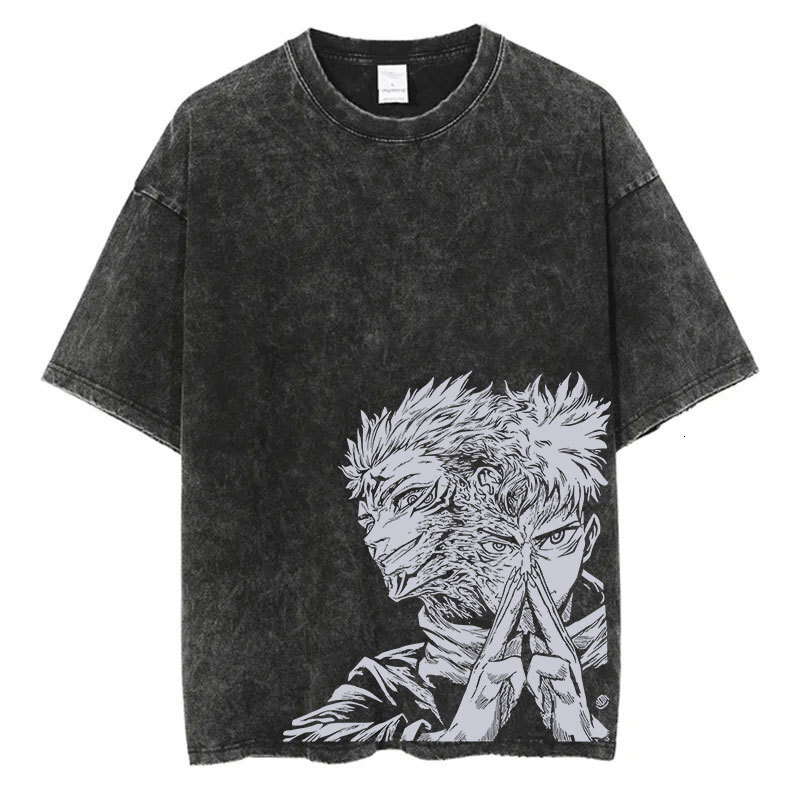 Summer Washed With Anime Graphic Print Streetwear Vintage Oversized T Shirt Men's Fashion Cotton Top
