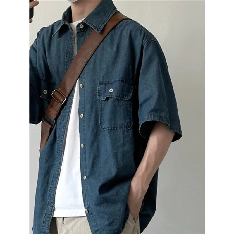 Summer Loose Fit Short Sleeve Denim Shirt Vintage Solid Color Double Pocket Unisex Blue Half Trendy Top for Teens 260713BANJIA