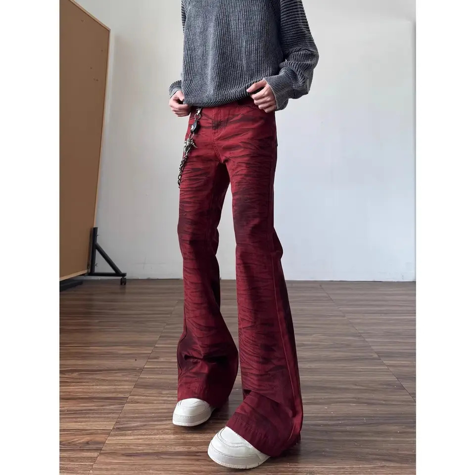 Autumn trendy red Y2K retro bootcut jeans mens trendy cleanfit American high street vibe flared pants 260717