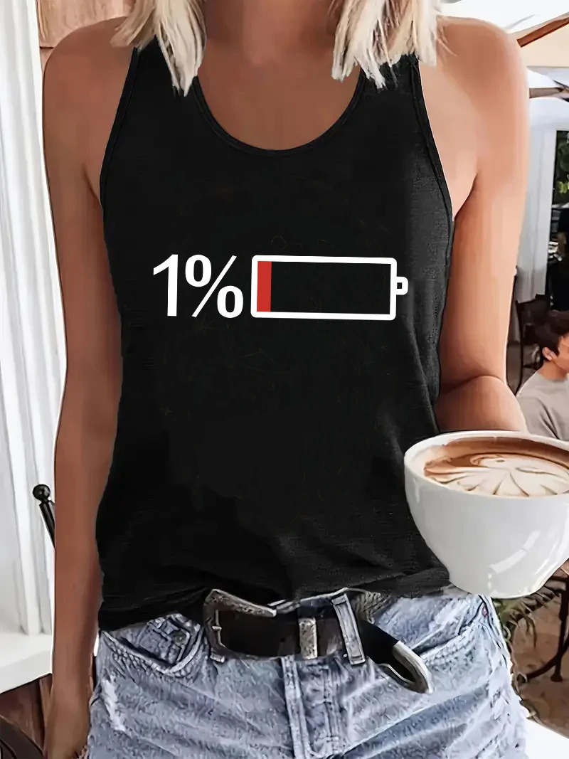 2026 Funny Tshirt Low Battery Printed Vest Graphic Tank Top Womens Sleeveless Crew Neck Casual for Summer Spring 260717BJ