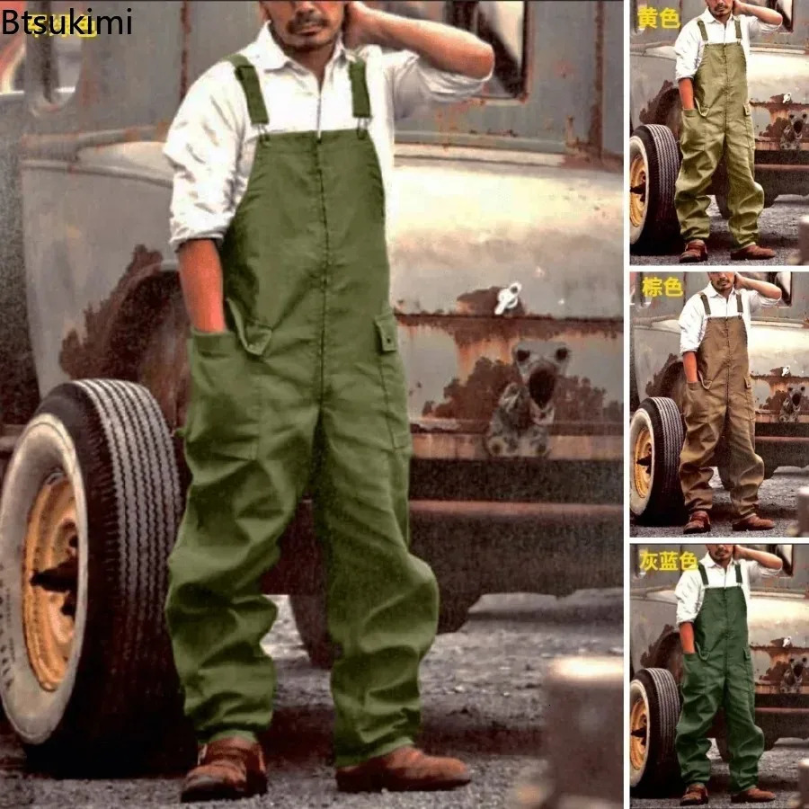 2026 Spring Autumn Mens Jumpsuit Overalls Square Neck Romper Male Large Pockets Long Pants Loose Cargo Streetwear 260717banjia