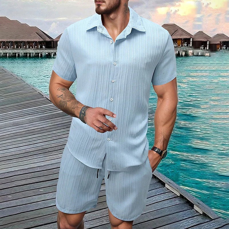 2026 Men Vertical Wrinkle Lapel Short Sleeve Shirt Shorts 2 Piece Set Regular Fit Summer Beach Daily Casual Matching Outfit 260717banjia