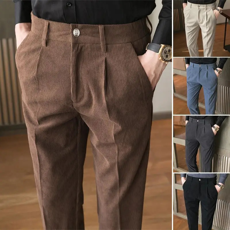 2026 Spring Autumn Mens Corduroy Casual Pants Business Fashion Solid Color Elastic Regular Fit Trousers Male size S3XL 260717banjia