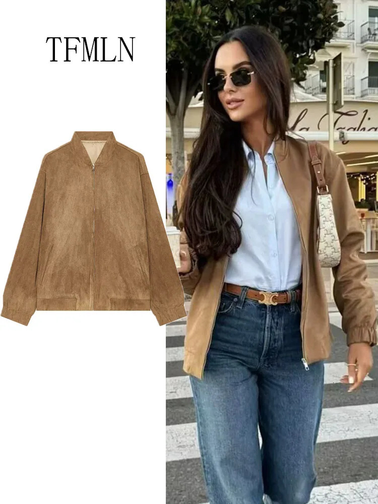 Causal Zipper Bomber Jackets For Women High Street Loose Oneck Long Sleeve Coats Vintage Solid Outwear 2026 Autumn 260717BJ