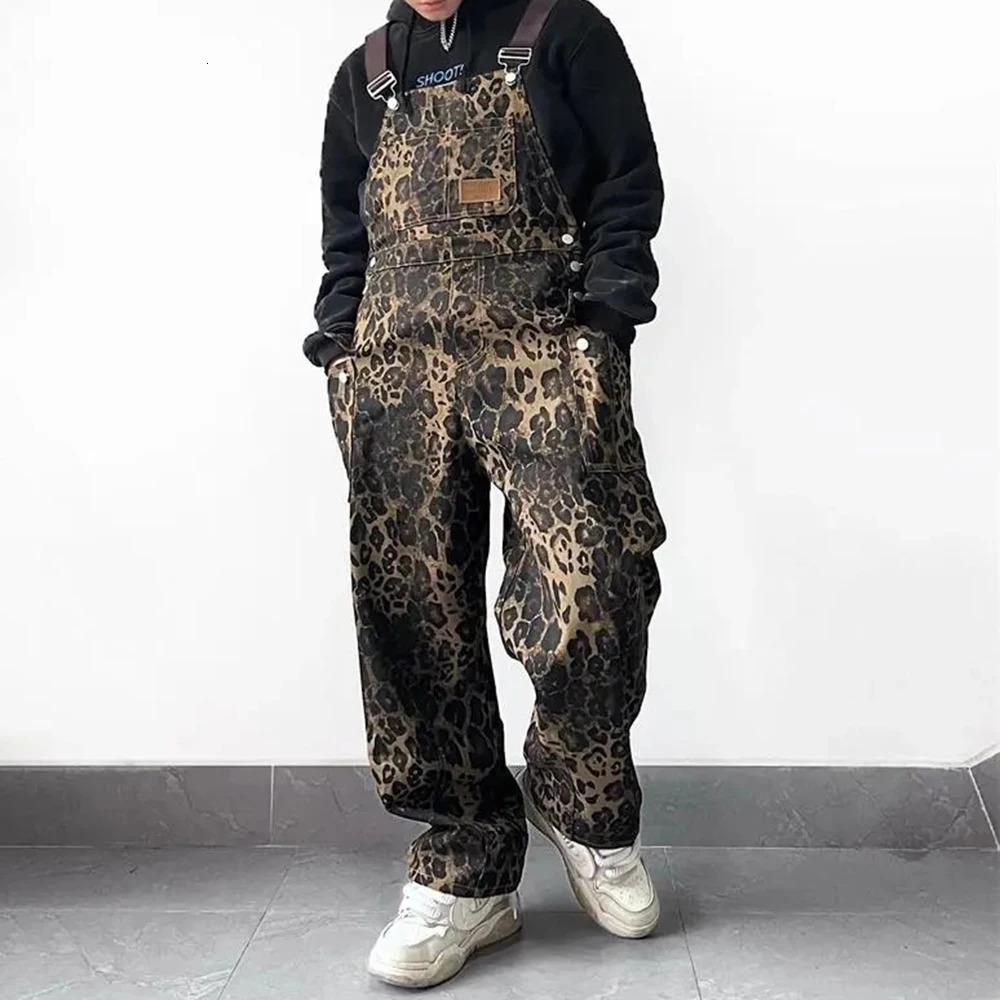 Mens Jumpsuit With Multiple Pockets Leopard Print Washed 2024 Autumn Fashion Casual American Retro High Street Overalls Men Wear 260717banjia