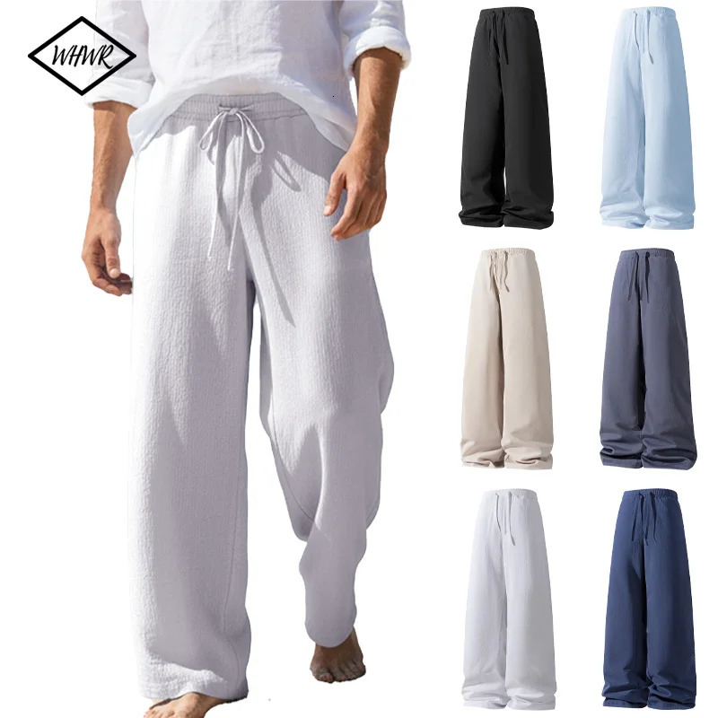 Mens Casual Breathable Pants Summer Solid Color Elastic Waist Trousers Loose Fitness Lightweight Straight Leg Streetwear 260717banjia
