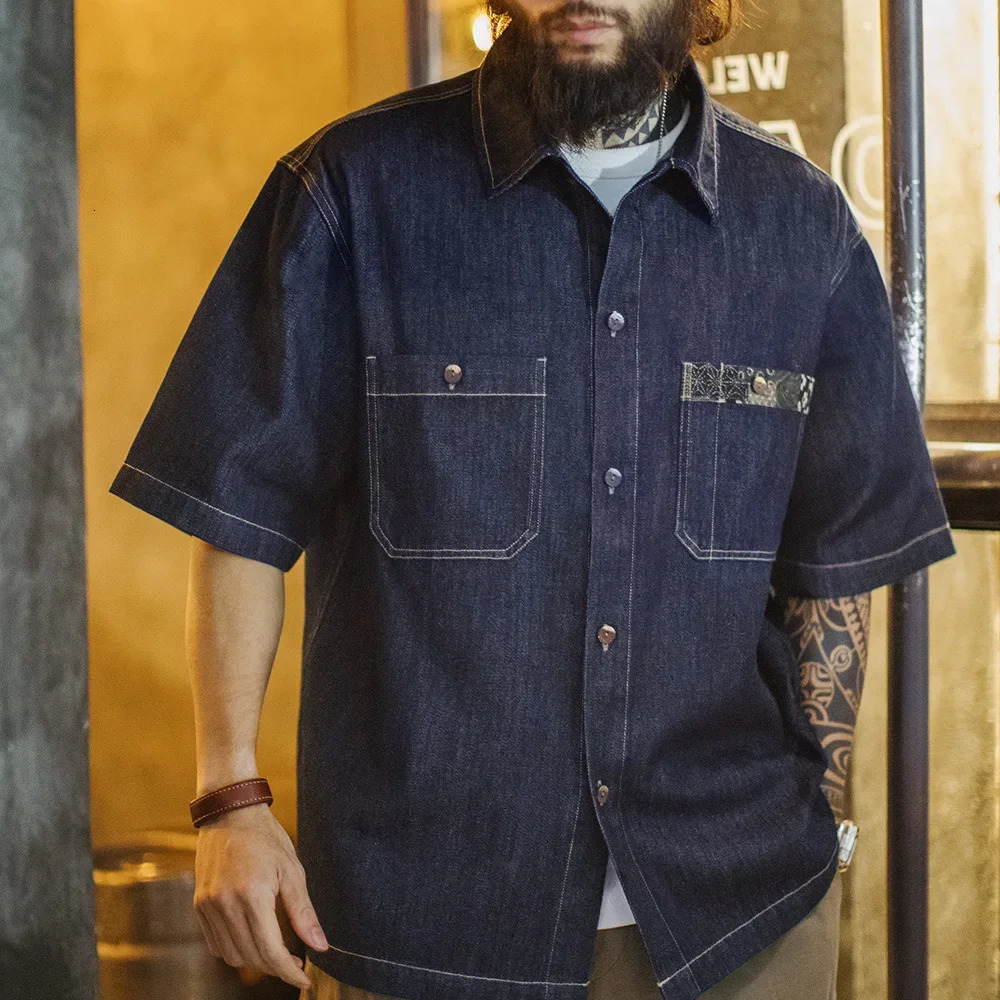 Maden Retro Boro Mens Summer Denim Short Sleeve Shirt Indigo Dyed Lapel Single Breasted Casual Overshirt Street Outfits Blouse 260713BANJIA